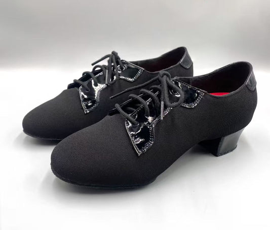 DRH-412 Scarpe da ballo latino da uomo 412 in tessuto nero e pelle con patchwork Scarpe da ballo professionali