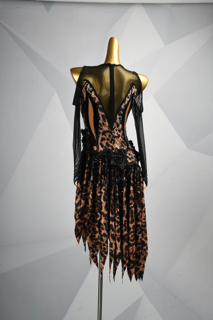 MINEJAS.2826 Leopard Print Latin Dance Dress | Long Sleeves, Asymmetrical Skirt & 3D Floral Appliques | Women's Competition Dress