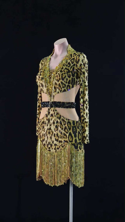 PERMINO.L028F Leopard Latin Dance Costume for Women – Long Sleeve Fringe Salsa Dress