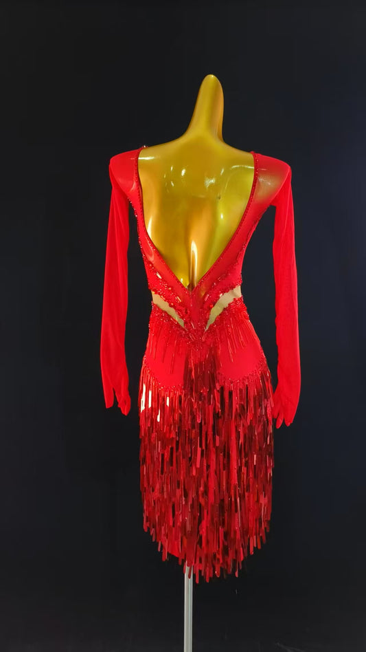 MINEJAS.L022 Red Latin Dance Dress with Long Sleeves and Sequin Fringe – Women’s Ballroom Competition Costume