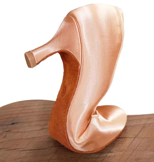 DRH-205 Women's Round Toe Ballroom Dance Soft Sole Practice Shoes for Tango & Waltz, Satin Upper, Wide Fit, No Strap - Mine·Jas