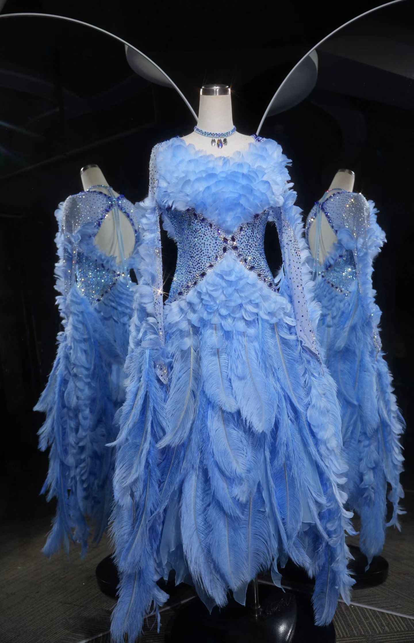 PEI.B006 Sky Blue Mesh Sleeve Ballroom Dance Dress Bling