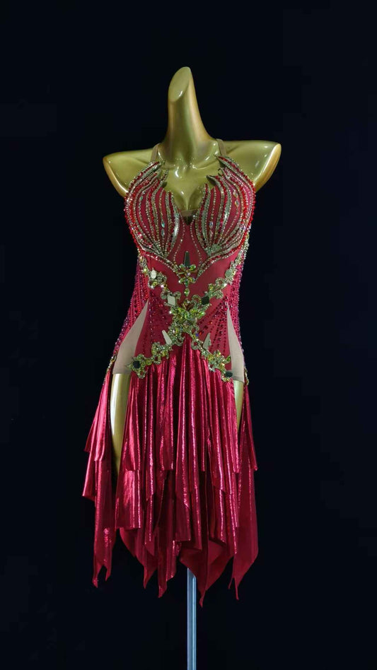 MINEJAS.L062 Red Gold Rhinestone Latin Performance Dance Costume