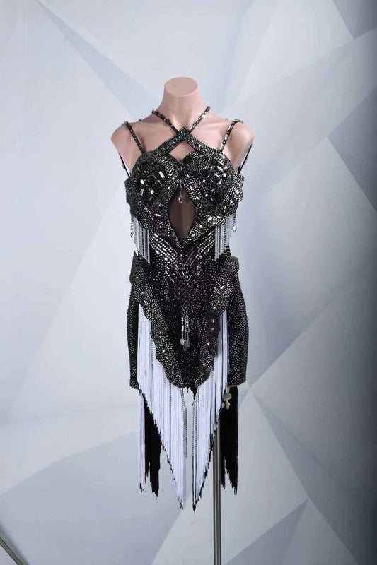MINEJAS.L073 Black White Fringe Latin Dance Dress