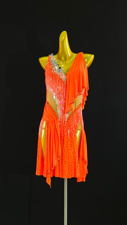 MINEJAS.L069 Orange Latin Dance Dress with Fringes and Rhinestone Embellishments