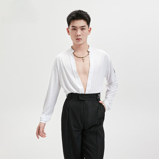 BOBO Boys Latin Dance Suit Men's Deep V-Neck Black National Standard Top Long Sleeve Dance Suit Practice Adult Exercise Practice
