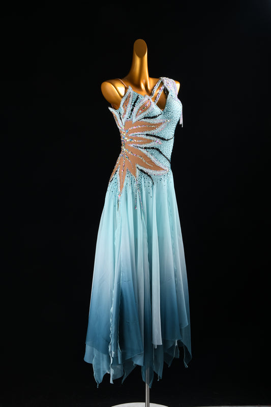 MINEJAS.2626 American Ballroom Competition Dress | Peacock Blue Ombre & Dramatic Asymmetrical Skirt