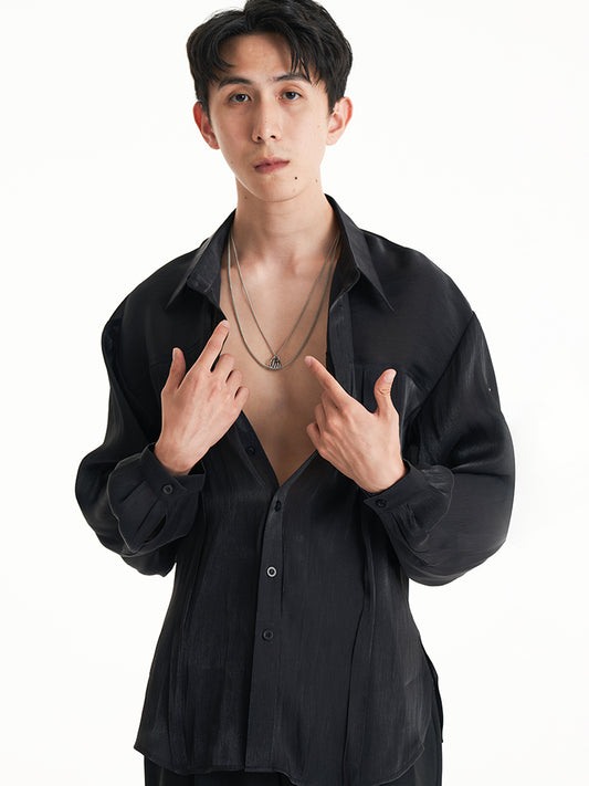 DUYQ Men’s Series 022 – Sheer Crinkled Mesh Loose-Fit Long Sleeve Shirt for Latin & Standard Dance Practice