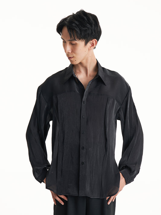 DUYQ Men’s Series 022 – Sheer Crinkled Mesh Loose-Fit Long Sleeve Shirt for Latin & Standard Dance Practice