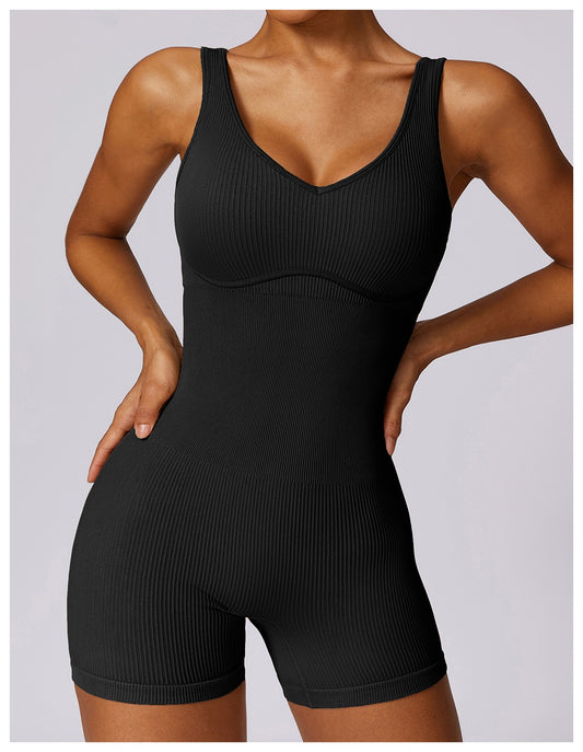 ZC.A7591B Seamless Ribbed Workout Romper – Sleeveless One-Piece Yoga Bodysuit