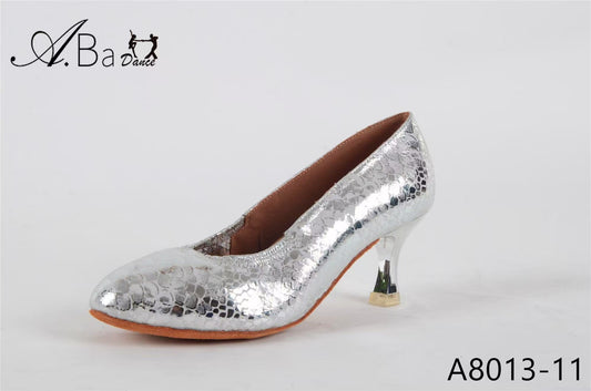 ABA DANCE.A8013 Silver Leather Women's Ballroom Social dance Shoes | Elastic Strap Stylish Flats