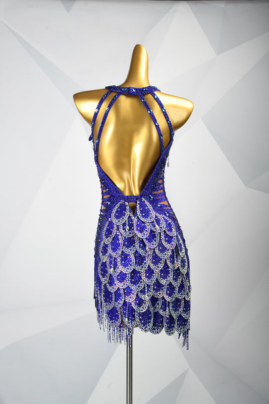 MINEJAS.F2126 Royal Blue Heavy Embellished Fish-Scale Design Latin Competition Dress - Mine·Jas