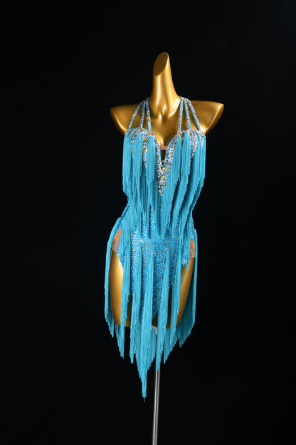MINEJAS.F1326 Sky Blue Dynamic Fringe Latin Dance Dress