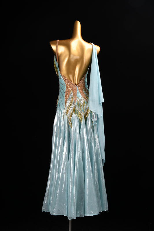 MINEJAS.F1926 Light Blue-Green Macaron Metallic Fabric American Smooth Dress