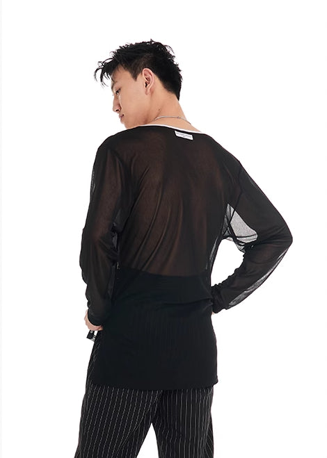 DUYQ "Black and White" Men's 011 Deep V Long Sleeve Top Adult National Standard Latin Dance Practice Performance Clothing Professional