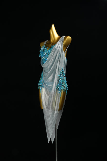 MINEJAS.F1726 Sky Blue & Silver Elegant Latin Dance Dress - Mine·Jas