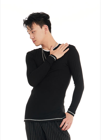 DUYQ "Black and White" Men's 009 Small Crew Neck Long Sleeve Versatile Single Product National Standard Latin Dance Practice Suit