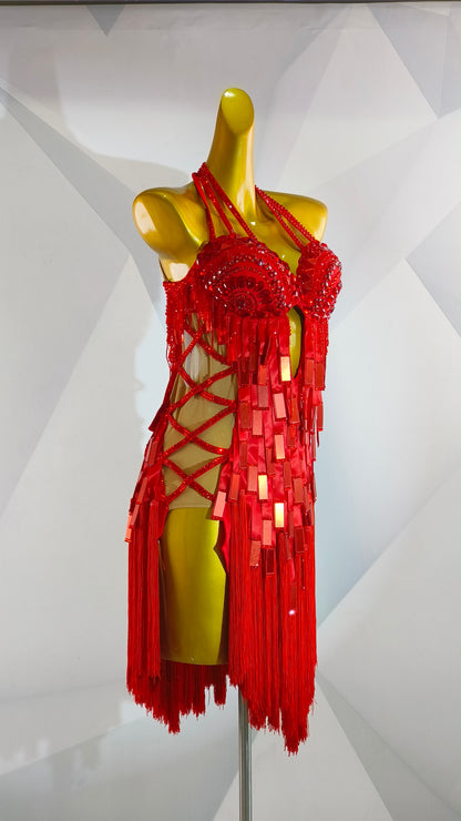 MINEJAS.F1426 Red Mirror Sequin Fringe Dynamic Latin Dance Dress