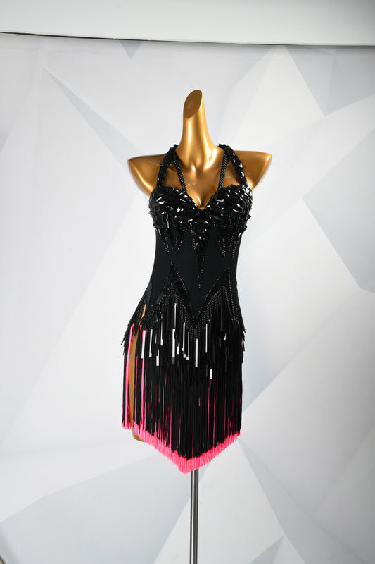 MINEJAS.F1526 Black Line Design with Pink Fringe Latin Dance Dress