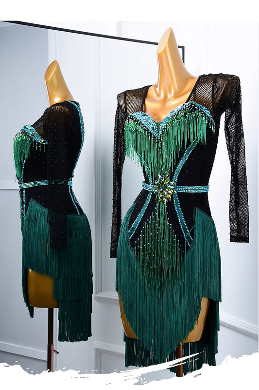 MINEJAS.PLBG018 Latin dance skirt adult women's new dark green performance competition suit, high-end flower clothes customized