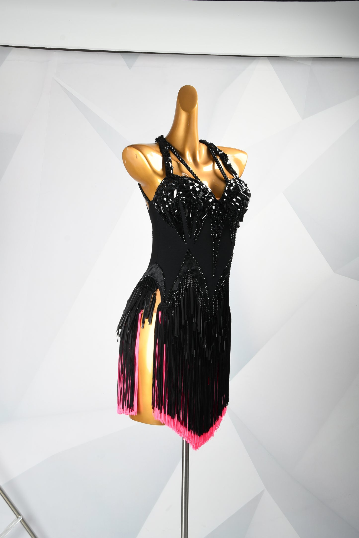 MINEJAS.F1526 Black Line Design with Pink Fringe Latin Dance Dress
