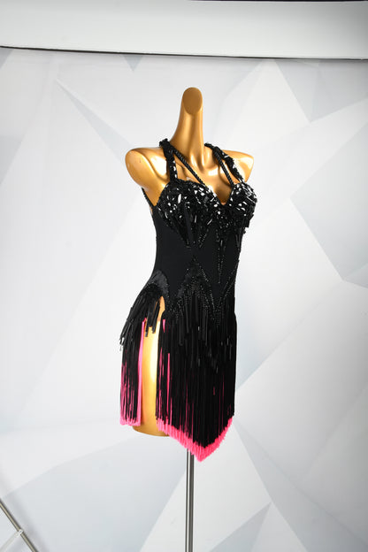 MINEJAS.F1526 Black Line Design with Pink Fringe Latin Dance Dress