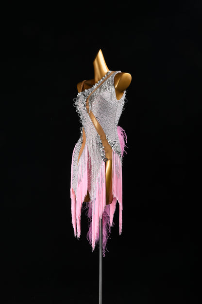 MINEJAS.F826 Pink Feather Fringe Dynamic Latin Dance Dress