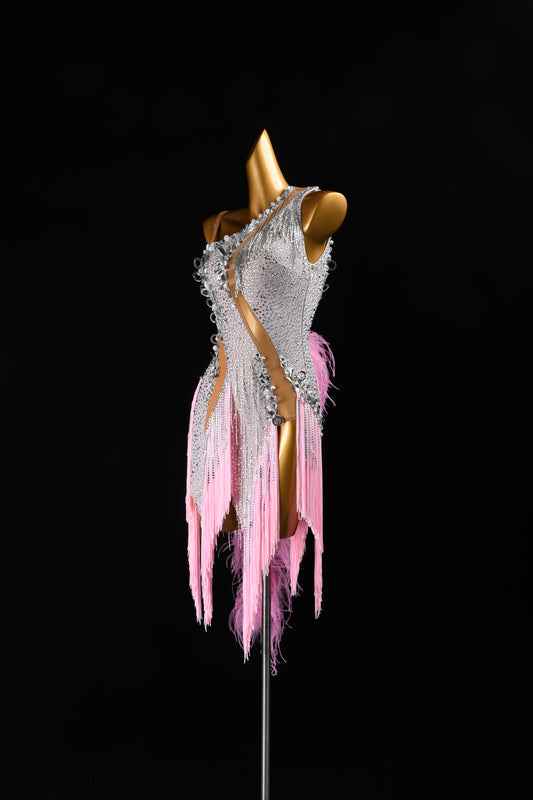 MINEJAS.F826 Pink Feather Fringe Dynamic Latin Dance Dress