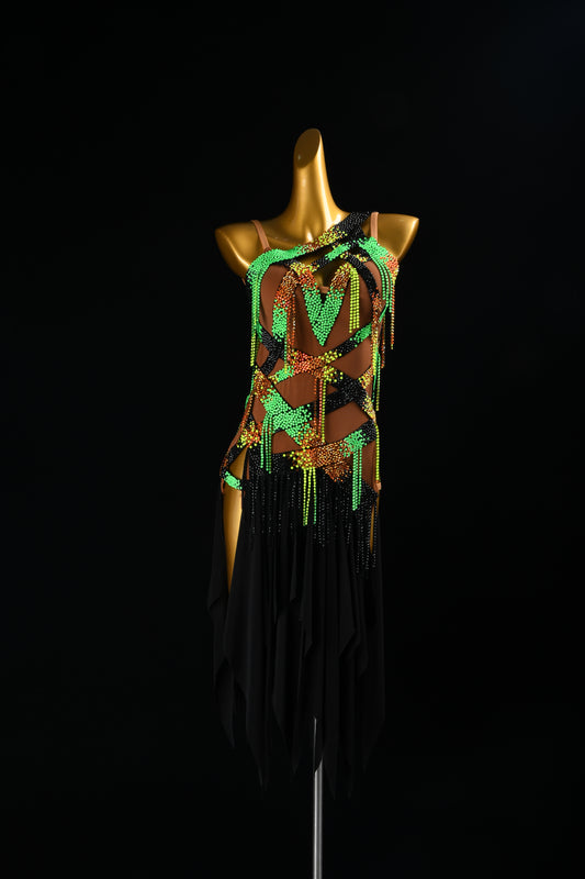 MINEJAS.2426 Women's Latin Dance Dress - Nude Lining, Green Rhinestones, Black Flounce Skirt