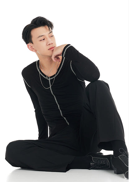 DUYQ "Black and White" Men's 003 Minimalist Long Sleeve Top Adult National Standard Latin Dance Basic Practice Suit
