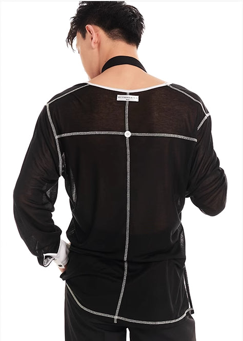 DUYQ "Black and White" Men's 005 Small V-neck Long Sleeve Top Adult National Standard Latin Dance Basic Practice Suit