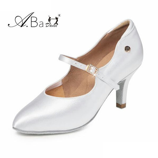 ABA DANCE.AM8011 Elegant White Satin Pointed Toe Ballroom Shoes for Women