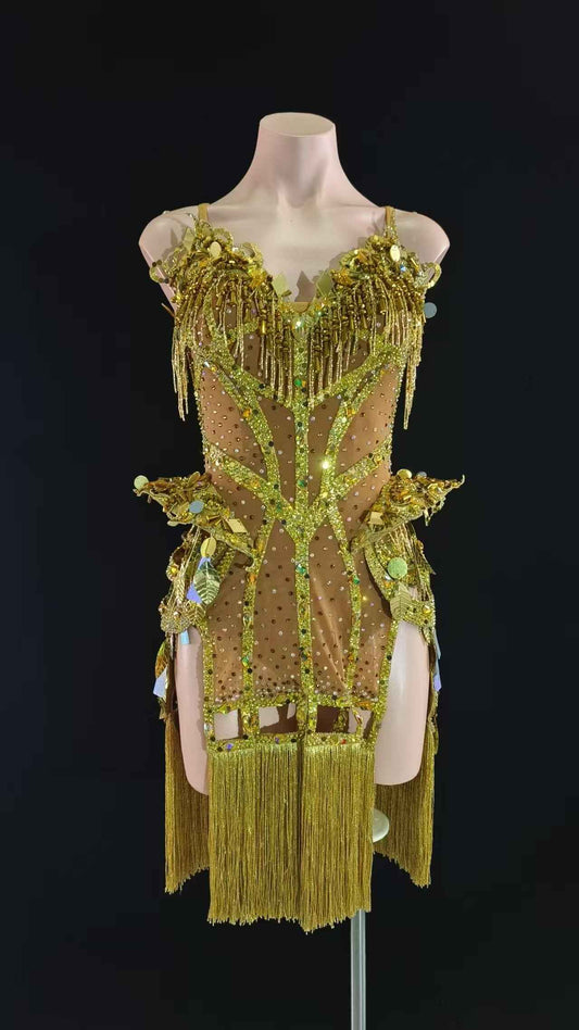 MINEJAS.L070 Luxury Gold 3D Latin Dance Dress for Dancers