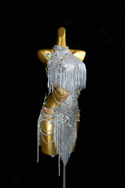 Silver Rhinestone Fringe Latin Dance Dress | Custom Halter Neck Samba Competition Costume for Women - Mine·Jas