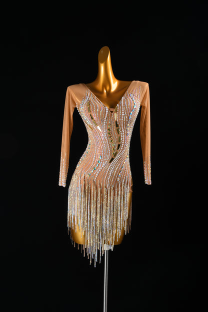 MINEJAS.L061F Nude Sparkle Latin Performance Skirt - Rhinestone Accent Dancewear