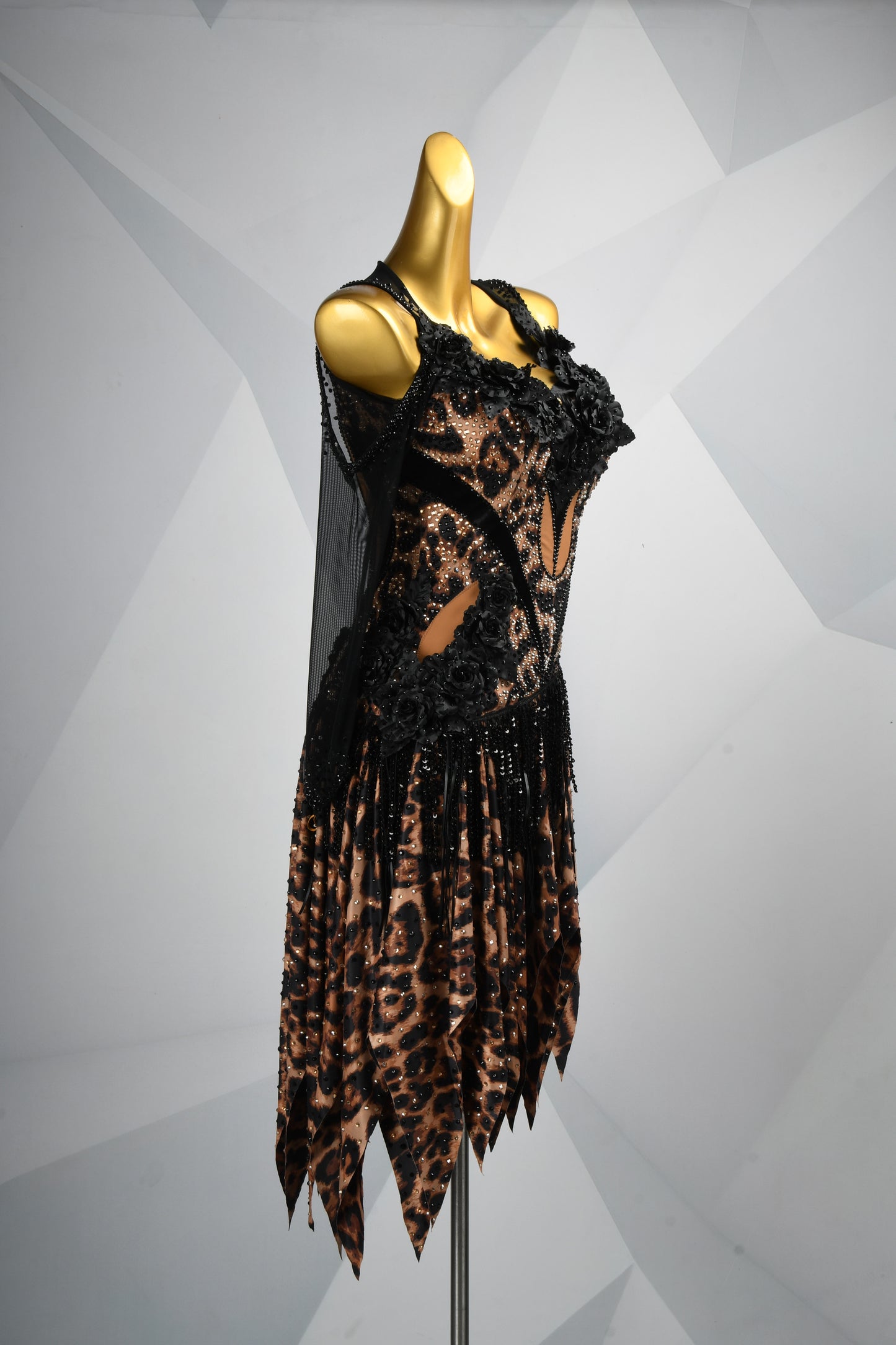 MINEJAS.2826 Leopard Print Latin Dance Dress | Long Sleeves, Asymmetrical Skirt & 3D Floral Appliques | Women's Competition Dress
