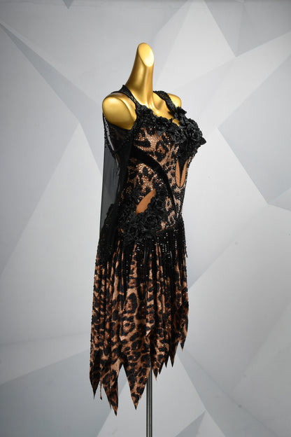 MINEJAS.2826 Leopard Print Latin Dance Dress | Long Sleeves, Asymmetrical Skirt & 3D Floral Appliques | Women's Competition Dress