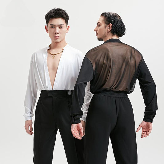 BOBO Boys Latin Dance Suit Men's Deep V-Neck Black National Standard Top Long Sleeve Dance Suit Practice Adult Exercise Practice - Mine·Jas