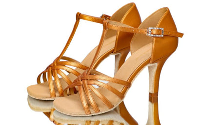 ALW.L103 WOMEN T-STRAPS LEATHER LATIN DANCE SHOES Microfiber Suede Insole