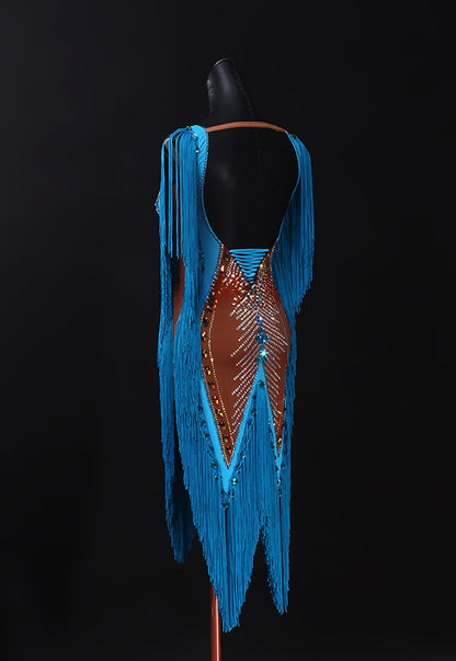 MINEJAS.PLB002 Latin dance skirt, blue new tassel performance competition suit, high-end flower clothing, customized.