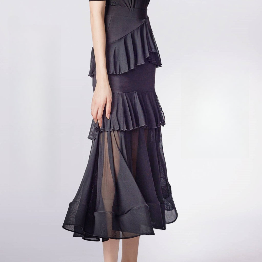 WD.Q31 Women's Elegant Ballroom American Smooth Dance skirt with Flowing Ruffles