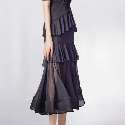 WD.Q31 Women's Elegant Ballroom American Smooth Dance skirt with Flowing Ruffles