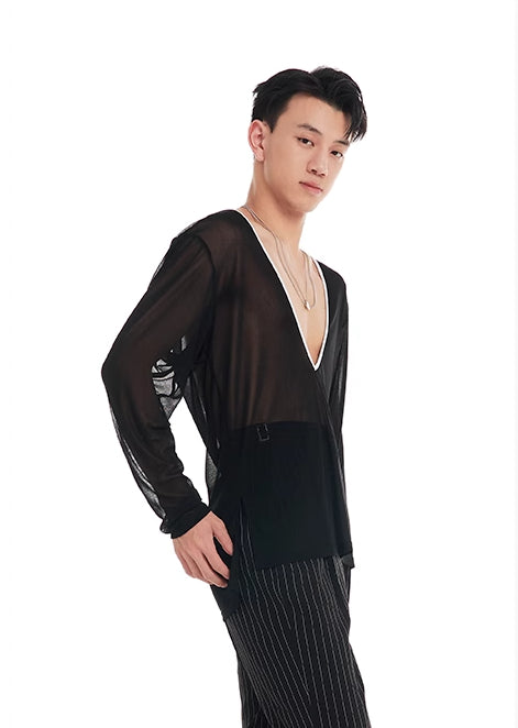 DUYQ "Black and White" Men's 011 Deep V Long Sleeve Top Adult National Standard Latin Dance Practice Performance Clothing Professional