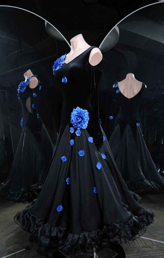 PEI.B013 Black Blue Rose Ballroom Performance Dress
