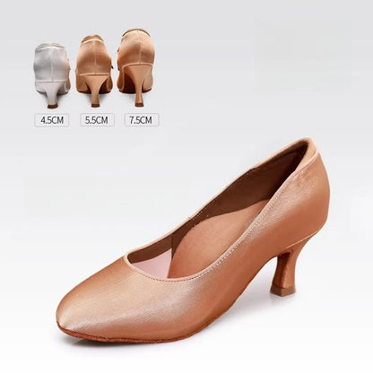 DRH-205 Women's Round Toe Ballroom Dance Soft Sole Practice Shoes for Tango & Waltz, Satin Upper, Wide Fit, No Strap - Mine·Jas