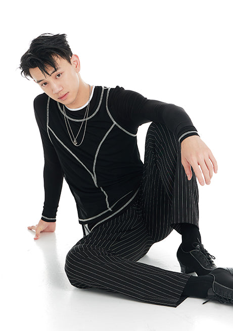 DUYQ "Black and White" Men's 009 Small Crew Neck Long Sleeve Versatile Single Product National Standard Latin Dance Practice Suit