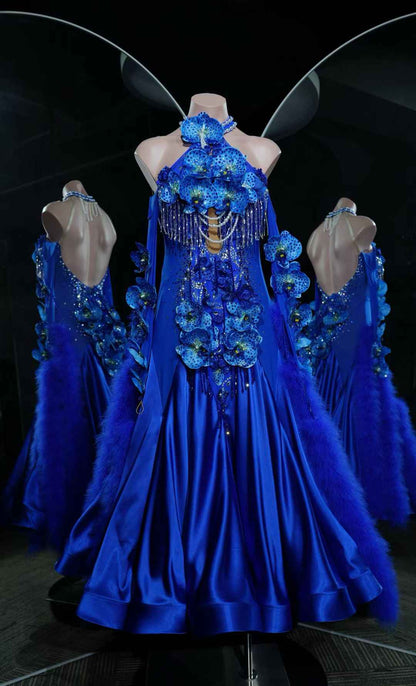 PEI.B009 Royal Blue Ballroom Dance Dress with 3D Orchid & Feather, Professional Competition Dance Gown