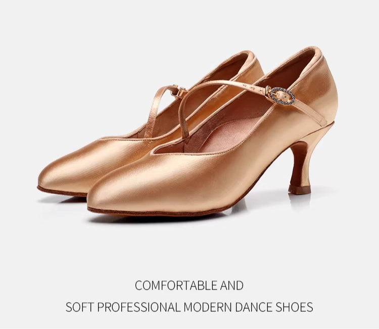 DRH-208 Women's Pointed Oblique Strap Satin Tango & Waltz Dance Shoes – Soft Sole for Social & Performance - Mine·Jas