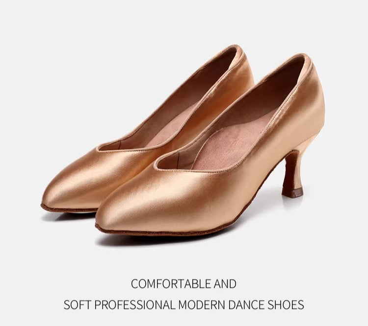 DRH-208 Women's Pointed Toe Ballroom Dance Soft Sole Practice Shoes for Tango & Waltz, Satin Upper, Slim Fit - Mine·Jas