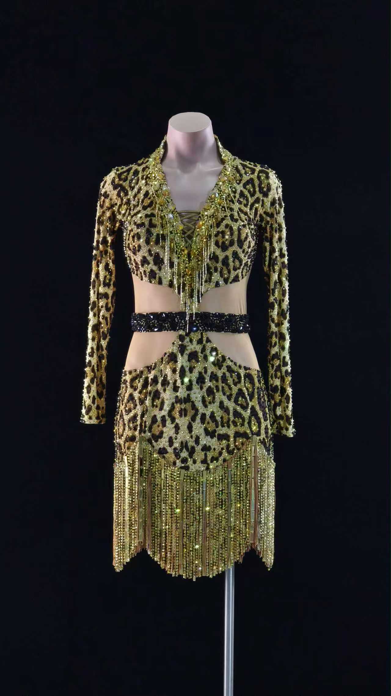 PERMINO.L028F Leopard Latin Dance Costume for Women – Long Sleeve Fringe Salsa Dress